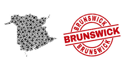 Brunswick grunged seal stamp, and New Brunswick Province map collage of aircraft items. Collage New Brunswick Province map created of airplanes. Red seal with Brunswick word,