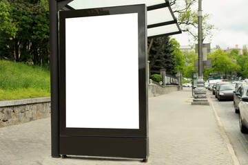 Blank advertising board on bus stop. Space for design