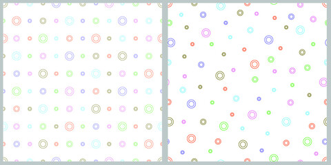 Set of seamless patterns with colored circles. Digital art for backgrounds, covers, textile printing, wrapping paper, clothing. White isolated background. 