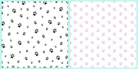 Set of seamless patterns with cat footprints. Digital art for backgrounds, covers, textile printing, wrapping paper, clothing. White isolated background. 