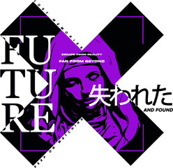 geometric shape with japanese slogan with manga face Translation: "Lost." Vector design for t-shirt graphics, banner, fashion prints, slogan tees, stickers, flyer, posters and other creative uses