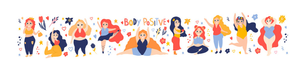 Body positive. A set of different women with a plus size. Beautiful woman do the splits. The ballerina is dancing. The girl does gymnastics. Stylish full girls in swimsuits, dresses, suits. 