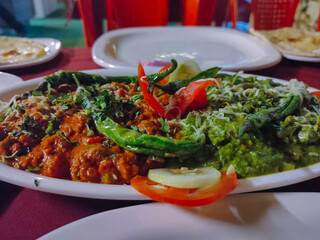 Stock photo of delicious paneer masala with palak paneer or cheese cottage curry and spinach cheese cottage curry, decorated with cheese , tomato , fresh coriander. Popular dish in India.