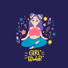 Girl power. The girl in the lotus position. The ballerina is dancing. The girl does gymnastics. Stylish plump girl is engaged in sports, meditation. Feminism. Doodle style. Body positive.
