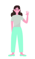 Vector illustration. Flat character girl waving hand on white background. Can be used to create advertisements, postcards, banners, posters.