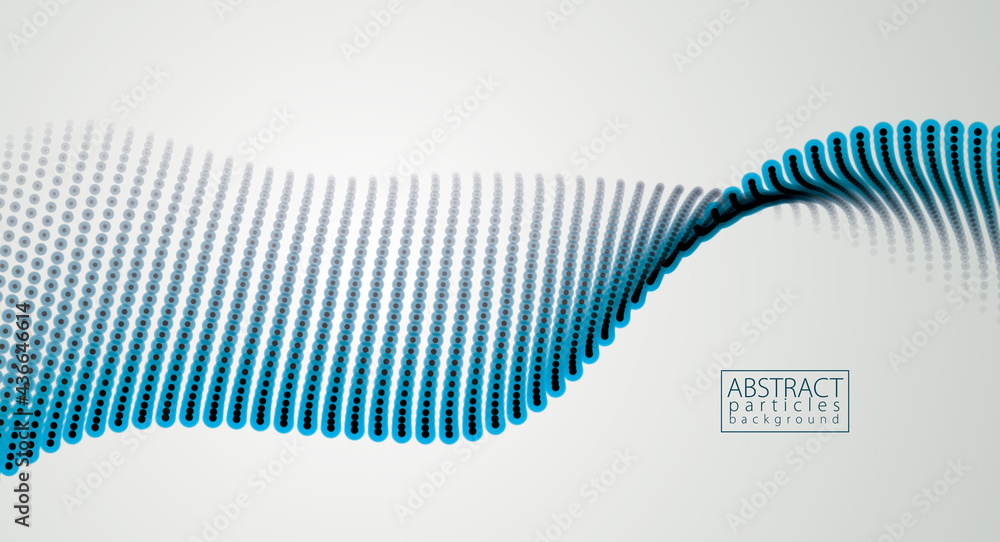Poster digital wave of flowing particles in motion. vector abstract dark background. mesh of glowing dots, 