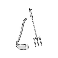hoe and pitch work illustrations on white background. gardening and farming tool. hand drawn vector. doodle art for logo, label, cover, poster, banner, advertising, clipart. agriculture concept. 