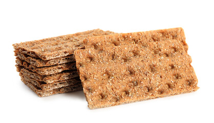 Fresh crunchy rye crispbreads on white background