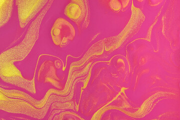 Abstract fluid art background bright purple and golden colors. Liquid marble. Acrylic painting with...