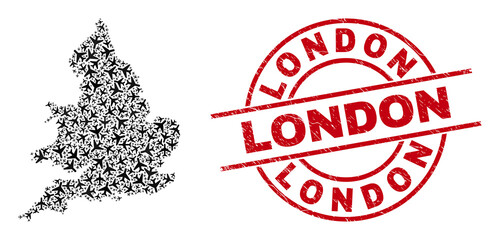 London rubber stamp, and England map mosaic of aviation elements. Collage England map created using aviation items. Red stamp with London caption, and corroded rubber texture.