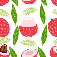 Seamless pattern of lychee - tropical fruit and leaves on white background. Tropical fruit in modern pop art style. Summer food - Vector