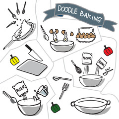 Obraz premium set of cooking step illustration on white background. scene of cooking. set of cooking tutorial. hand drawn vector. pouring eggg, flour, sugar, water and salt. doodle art for recipe book, video. 