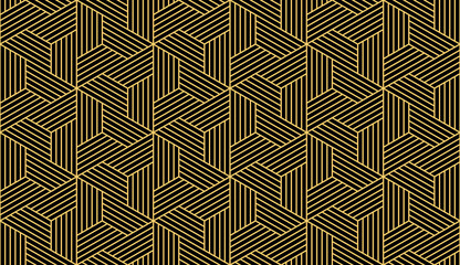 Abstract geometric pattern with stripes, lines. Seamless vector background. Gold and black ornament. Simple lattice graphic design