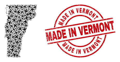 Made in Vermont scratched seal stamp, and Vermont State map collage of air plane elements. Mosaic Vermont State map created with airliners. Red seal with Made in Vermont tag,