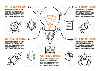 Hand drawn infographic steps. Light bulb in center and business icons around. Five steps with description. Vector illustration.