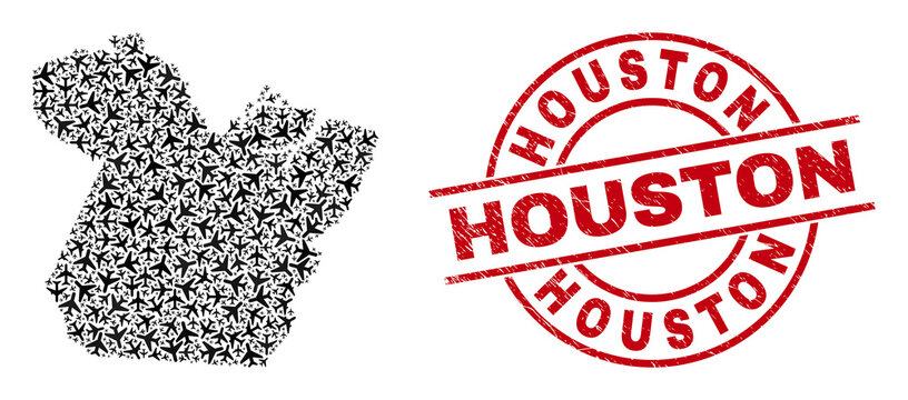 Houston rubber seal, and Paral State map collage of aviation items. Collage Paral State map constructed using aeroplanes. Red seal with Houston word, and grunge rubber texture.