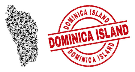 Dominica Island rubber seal stamp, and Dominica Island map collage of airliner items. Collage Dominica Island map created using air force symbols. Red stamp with Dominica Island text,