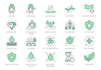 Cosmetic properties line icons. Vector illustration include icon - shield, face lifting, collagen, dermatology, serum outline pictogram for skincare product. Green Color, Editable Stroke - obrazy, fototapety, plakaty