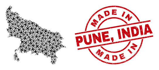 Made In Pune, India scratched seal stamp, and Uttar Pradesh State map collage of air force elements. Collage Uttar Pradesh State map created from air force symbols. Red imprint with Made In Pune,