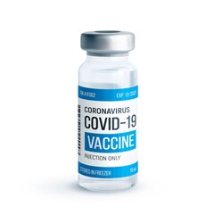 Covid-19 coronavirus vaccine concept. Realistic medical glass vial with metal cap isolated on white background. Vaccination against 2019-nCoV virus. Covid19 immunization treatment. Vector illustration