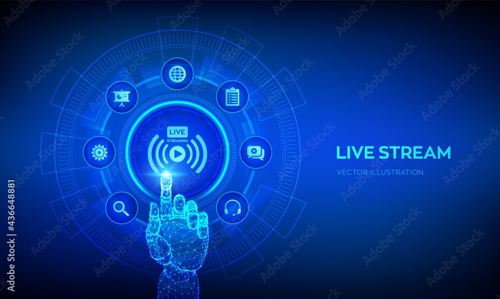 Poster live streaming concept on virtual screen. webinar. online translation. internet conference. web base