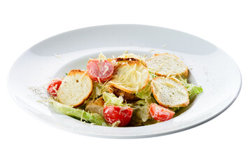 New menu in the restaurant. Appetizing salad with chicken, tomat