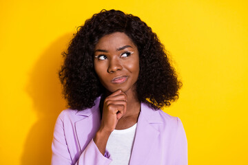 Fototapeta na wymiar Photo of young thoughtful minded serious businesswoman look copyspace thinking isolted on yellow color background