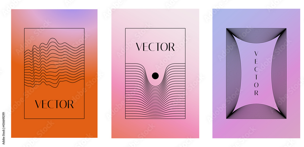 Poster Vector set of linear design elements for logo templates in modern minimalist style with copy space for text and gradient backgrounds