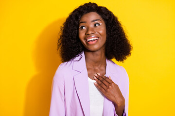 Photo of young happy beautiful charming afro businesswoman look copyspace hear compliment isolated...