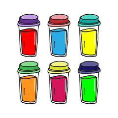 six colorful bottles on white background. collection of water bottle. hand drawn vector. healthy drink in the container. doodle art for logo, label, sticker, cover, poster, banner, advert, branding. 