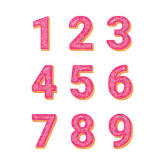 Pink donuts numbers set. Vector illustration.