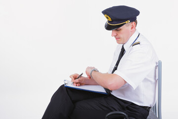Airline captain pilot fills out the paperwork before the flight © Monika Wisniewska