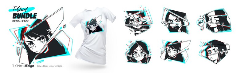 Naklejka premium Set of t-shirt illustratiions of close up female anime eyes look with broken glass effect. Black and white Manga style. Vector illustrations of anime characters.