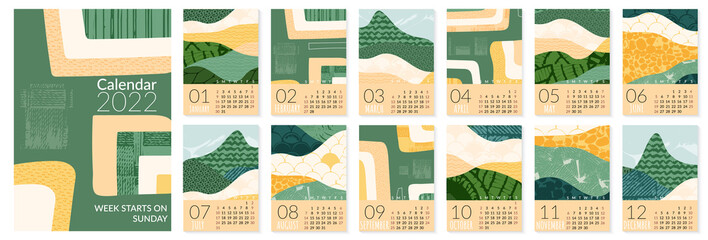 2022 calendar template with abstract green nature field landscape. Simple eco environment background. Calendar design concept with agriculture theme. Set of 12 months 2022 pages. Vector illustration © Maria Petrish
