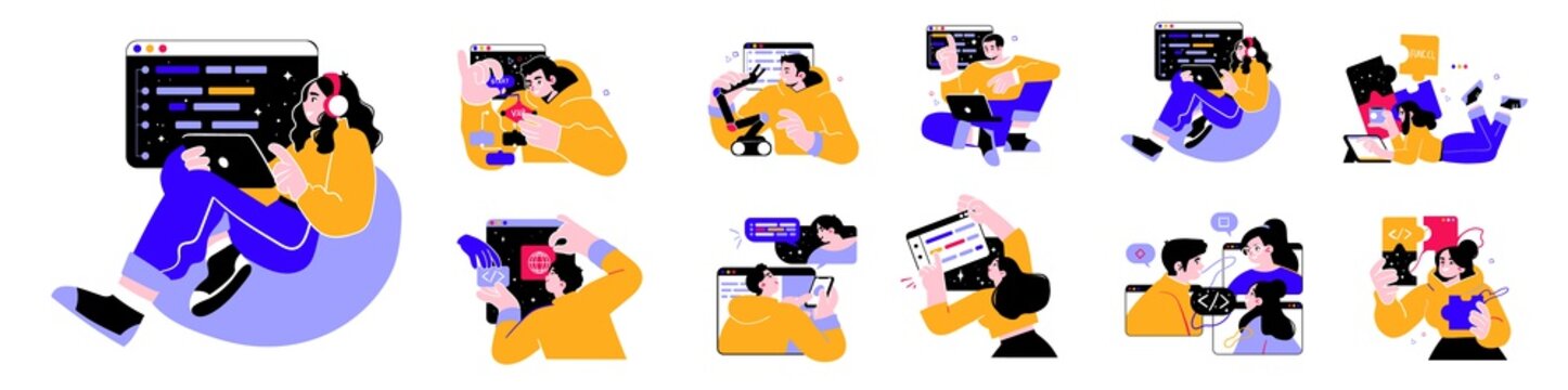 Programming Illustration Set. Different characters working on web and application development on computers. Software developers. Flat vector style illustrations.