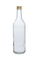 Empty bottle made of clear glass, closed with a metal lid. Isolated on a white background