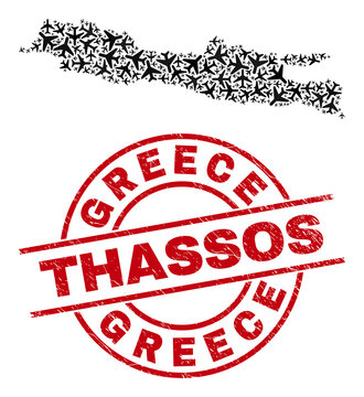 Greece Thassos grunged seal stamp, and Java Island map mosaic of aircraft items. Mosaic Java Island map constructed using aircraft. Red stamp with Greece Thassos tag, and corroded rubber texture.