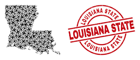 Louisiana State grunge stamp, and Louisiana State map collage of airplane elements. Collage Louisiana State map created with airliners. Red stamp with Louisiana State tag, and unclean rubber texture.
