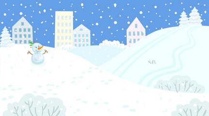 Fototapeta na wymiar Winter city landscape. Empty park with snow, houses, hills and a snowman. Banner in cartoon style. On a blue background. Vector flat illustration