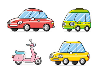 Motor scooter, red sports car, city compact electric automobiles isolated. Transport set.