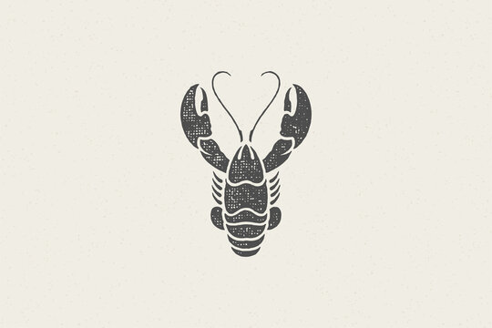 Lobster silhouette for seafood restaurant menu and logo hand drawn stamp effect vector illustration.