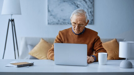 concentrated elderly man working on laptop in modern living room.