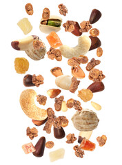 Delicious granola, nuts and dried fruits falling on white background. Healthy snack