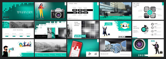 Business presentation, infographic design template red green elements, white background set. Camera technology. A team of people creates a business, teamwork.Financial work.Using flyer, SEO