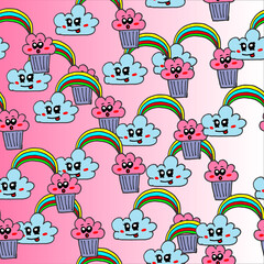 seamless pattern with cute design. cloud with cute expression and rainbow. hand drawn vector. doodle art for wallpaper, backdrop, fabric, textile, wrapping paper and gift. fantasy, dream for kids. 