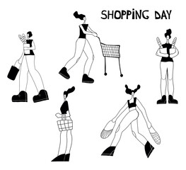 Vector illustration. Woman shopping with shopping cart. Cartoon character.