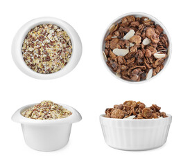 Set with different delicious granola on white background