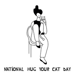 Vector illustration with woman hugging a cat. Cartoon character. National Hug Your Cat Day