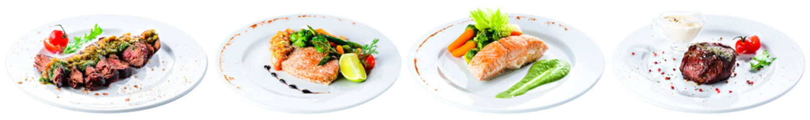 collection of set steaks on plates, grilled meat isolated