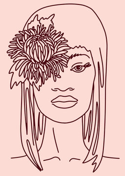 recommend clip art: Beautiful feminine face Portrait and flower woman with long Hair. Line drawing. Sketch Vector illustration